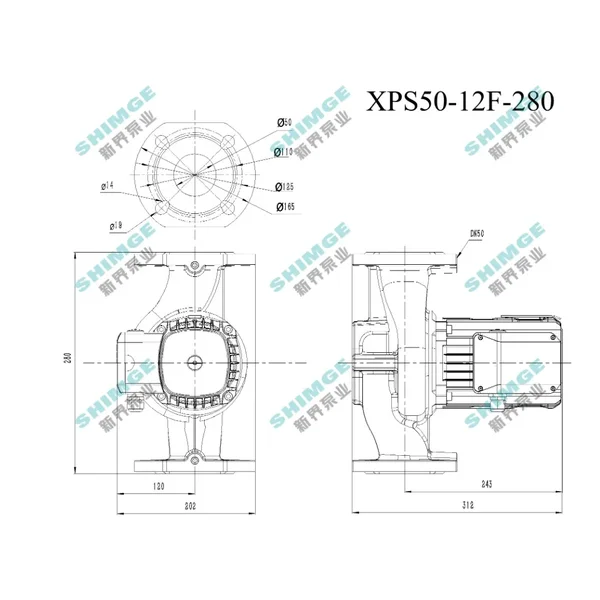XPS50-12F-280 SHIMGE 380В  цирк. мок. ротор 1,0 кВт Hmax 12м Qmax 300л/хв DN50 280мм+фл. {1}