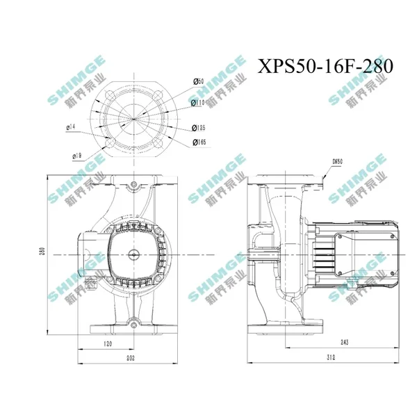XPS50-16F-280 SHIMGE 380В  цирк. мок. ротор 1,3 кВт Hmax 17м Qmax 330л/хв DN50 280мм+фл. {1}