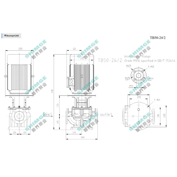 TB50-24/2 SHIMGE 380В цирк. сухий ротор  3 кВт Hmax 29м Qmax 584л/хв DN50 340мм {1}