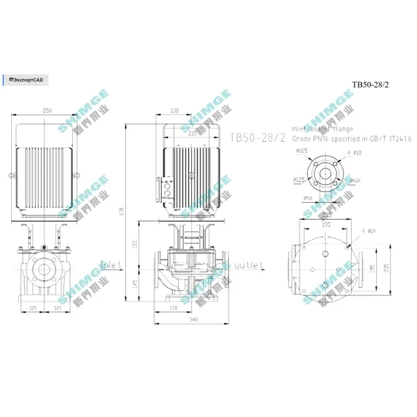 TB50-28/2 SHIMGE 380В цирк. сухий ротор  4 кВт Hmax 35м Qmax 584л/хв DN50 340мм {1}