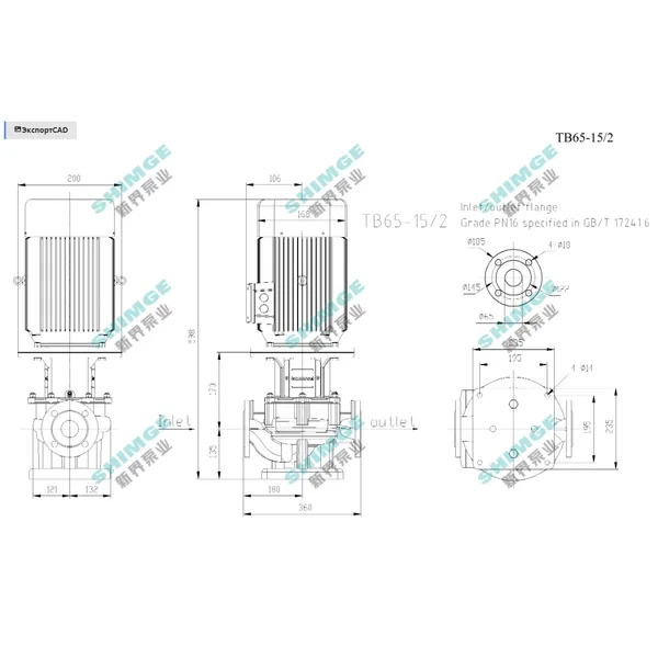 TB65-15/2 SHIMGE 380В цирк. сухий ротор  2,2 кВт Hmax 20м Qmax 667л/хв DN65 360мм {1}