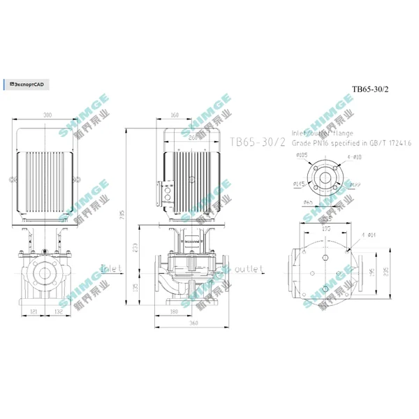 TB65-30/2 SHIMGE 380В цирк. сухий ротор  5,5 кВт Hmax 35м Qmax 833л/хв DN65 360мм {1}
