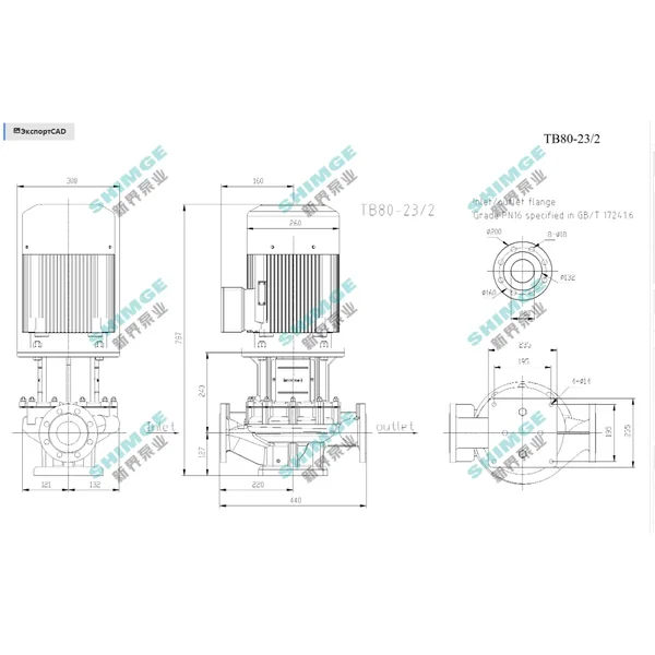 TB80-23/2 SHIMGE 380В цирк. сухий ротор  5,5 кВт Hmax 29м Qmax 1333л/хв DN80 440мм {1}