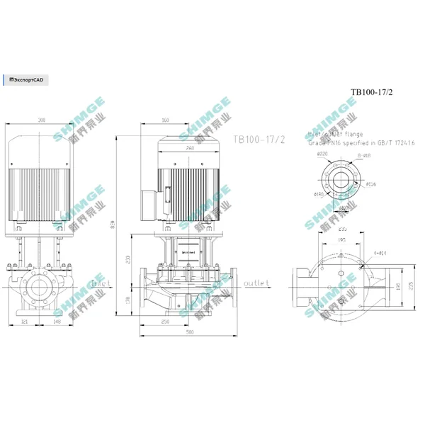 TB100-17/2 SHIMGE 380В цирк. сухий ротор  5.5 кВт Hmax 23м Qmax 1833л/хв DN100 500мм {1}