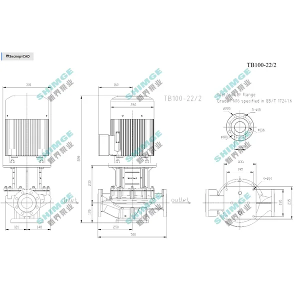 TB100-22/2 SHIMGE 380В цирк. сухий ротор  7.5 кВт Hmax 27м Qmax 1833л/хв DN100 500мм {1}