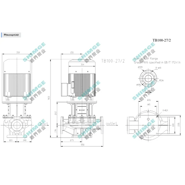 TB100-27/2 SHIMGE 380В цирк. сухий ротор  11 кВт Hmax 35м Qmax 2333л/хв DN100 550мм {1}