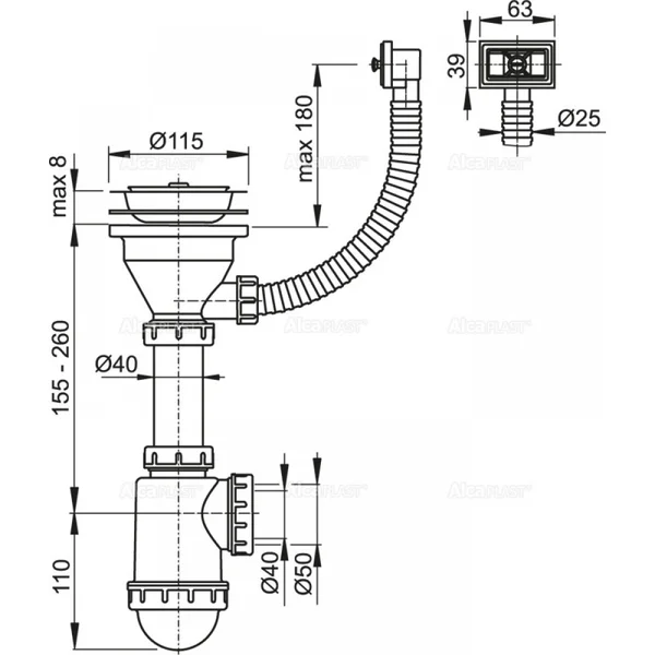 Сифон для кухонної мийки ALCA PLAST A447 1 1/2