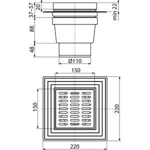 Трап для душа ALCA PLAST APV13 150x150/110 мм из нержавеющей стали с прямым выпуском.