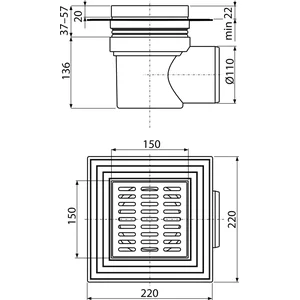 Трап для душа ALCA PLAST APV12 150x150 мм из нержавеющей стали с боковым отводом 110 мм
